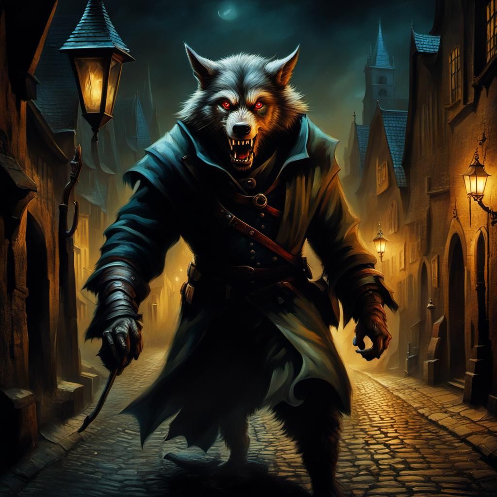 Werewolf in Medieval City, Hieronymus Bosch Style