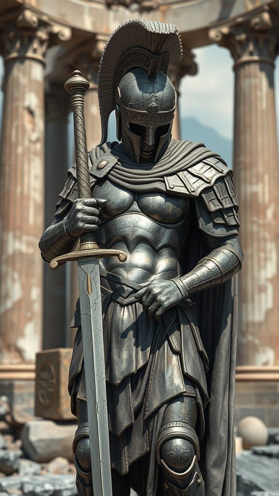 Ancient Greek Warrior Statue in Ruins