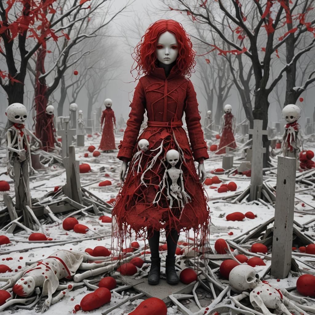 Surreal Red Doll Dominates Apocalyptic Winter Landscape