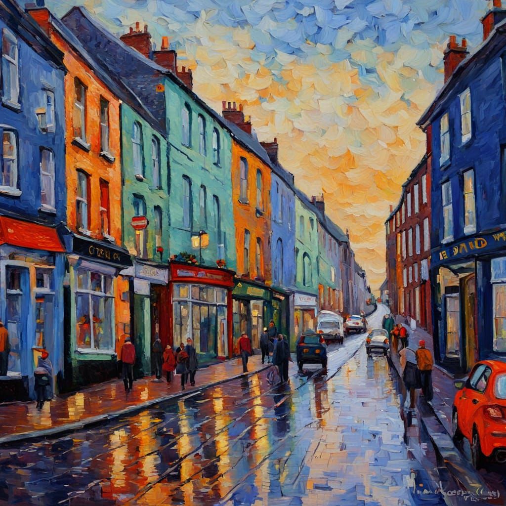 Vibrant Cork Street Scene in Neo-Impressionist Oil Painting