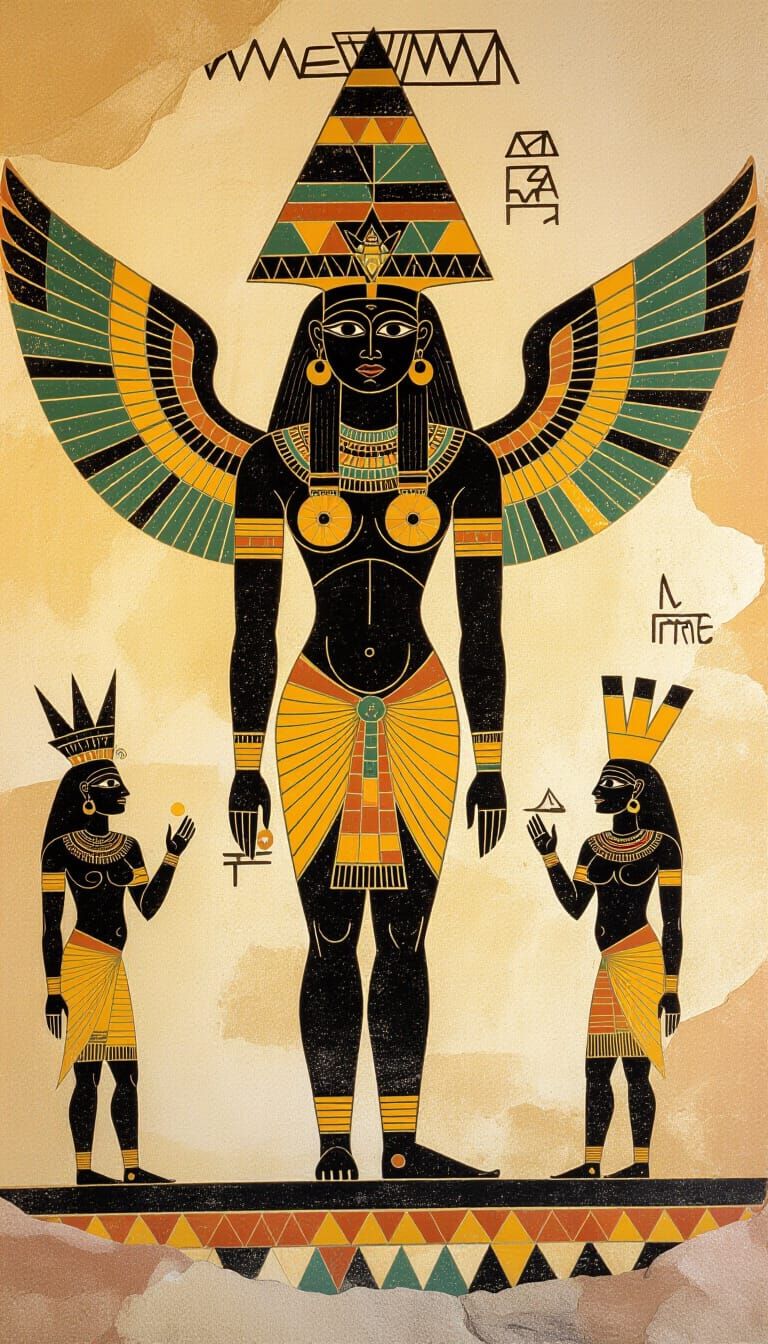 Prehistoric Cave Art: Winged Goddess with Sacred Geometry