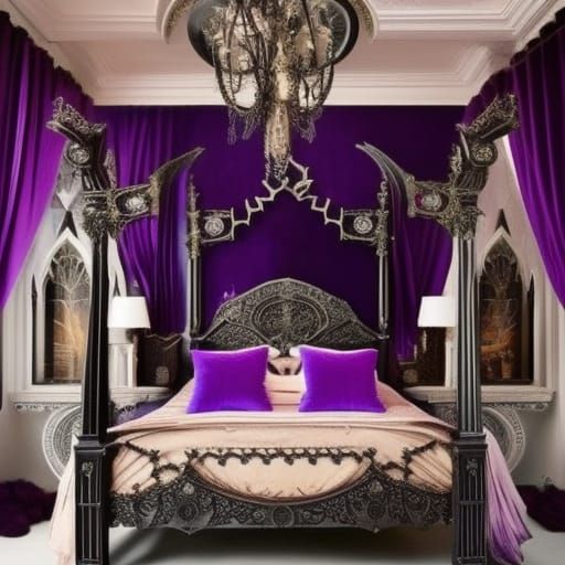 Beautiful Gothic bed with purple velvet sheets& elegant Gothic frame with beautiful metal designs& perfect craftsmanship...