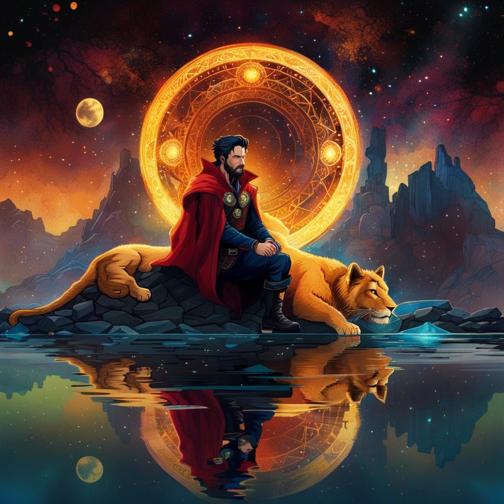 Doctor Strange and Lion in Watercolor Style