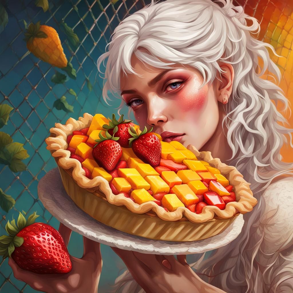 Goddess Eats Strawberry Mango Pie: Hyperrealistic Art