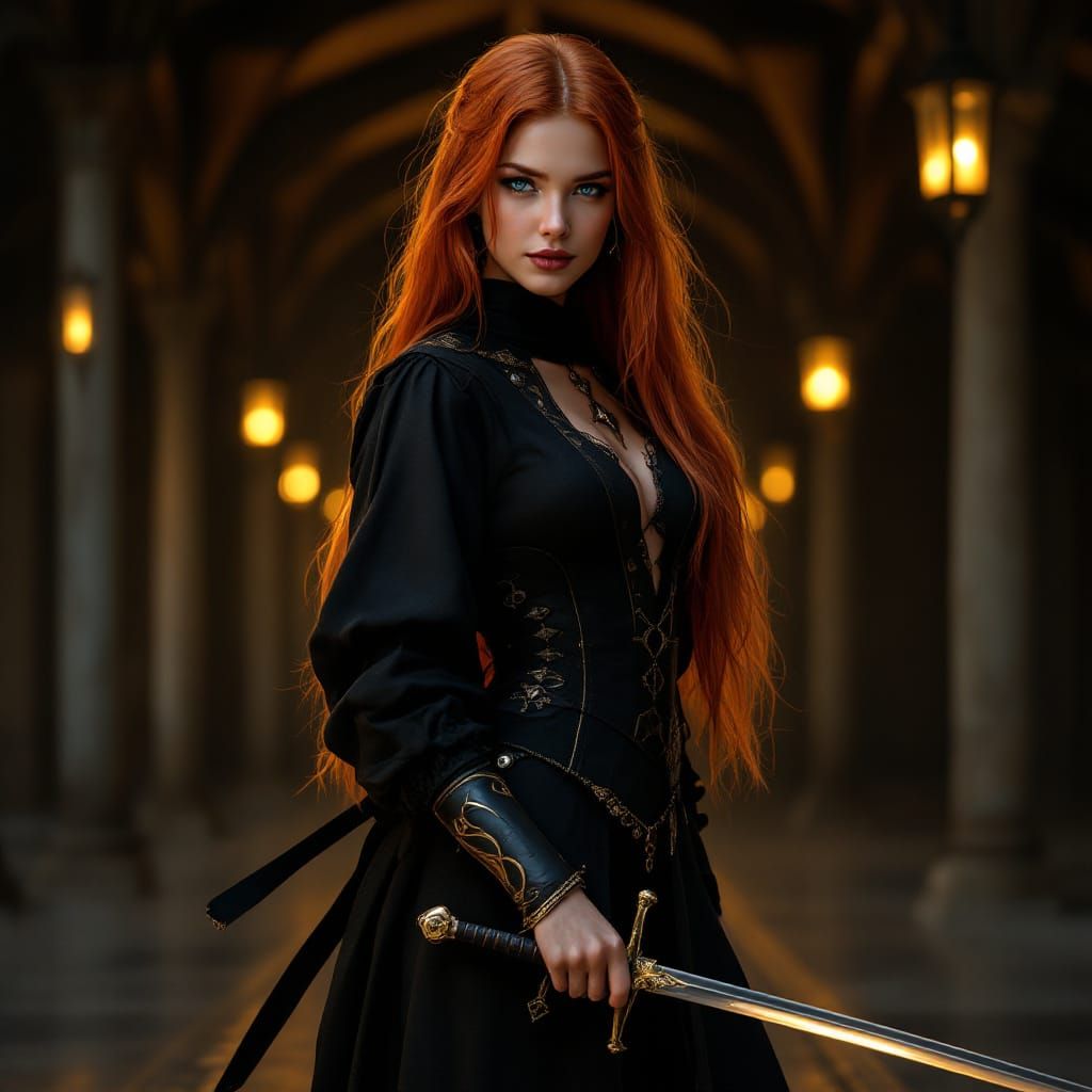 Renaissance Duelist with Fiery Locks in Art Nouveau Style