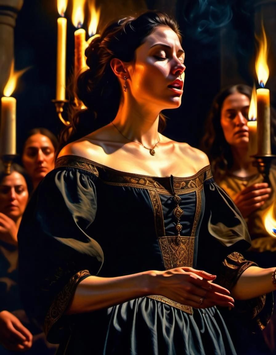Chiaroscuro Oil Painting of Woman Leading Chant