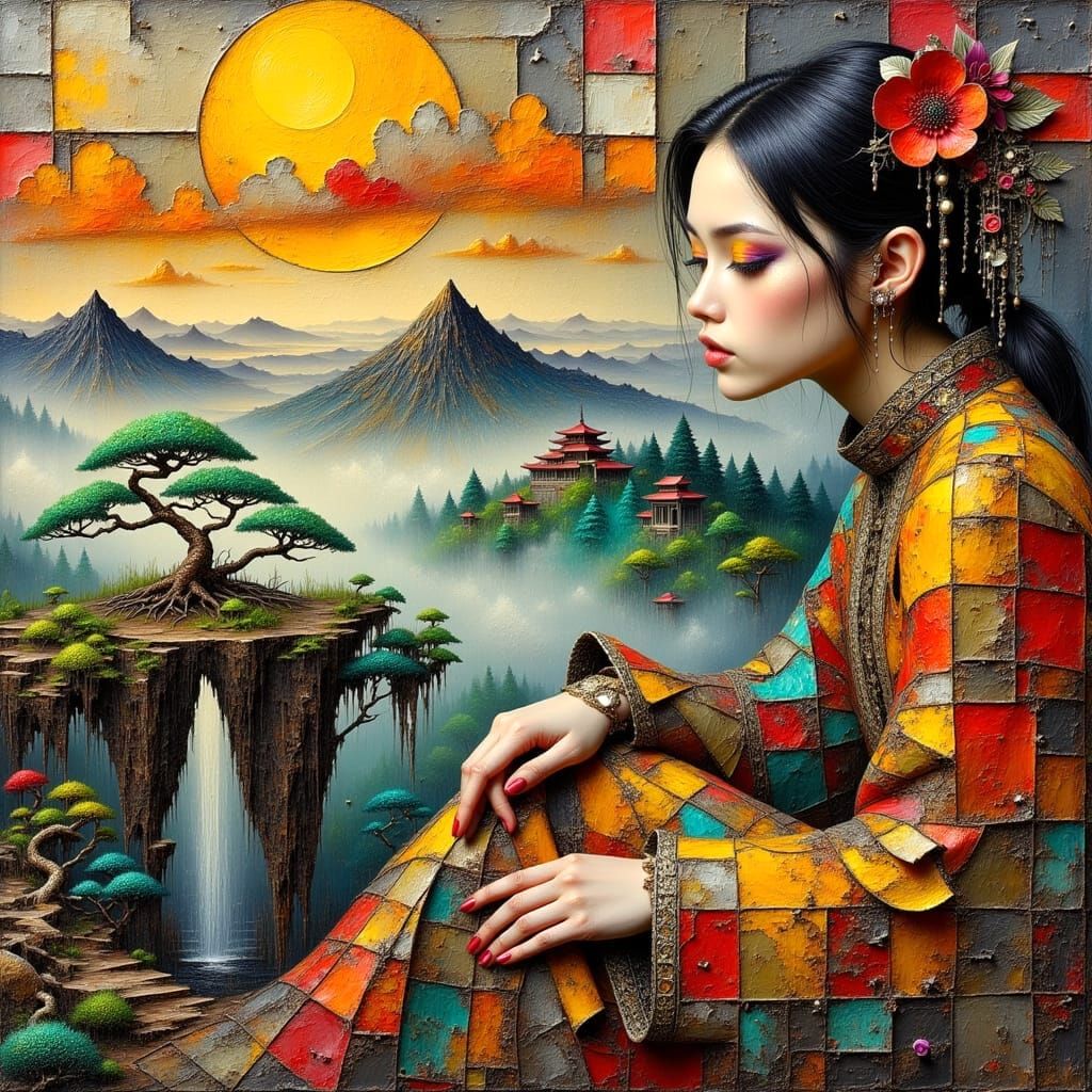 Surreal Oil Painting of a Modern Japanese Woman in Antique C...