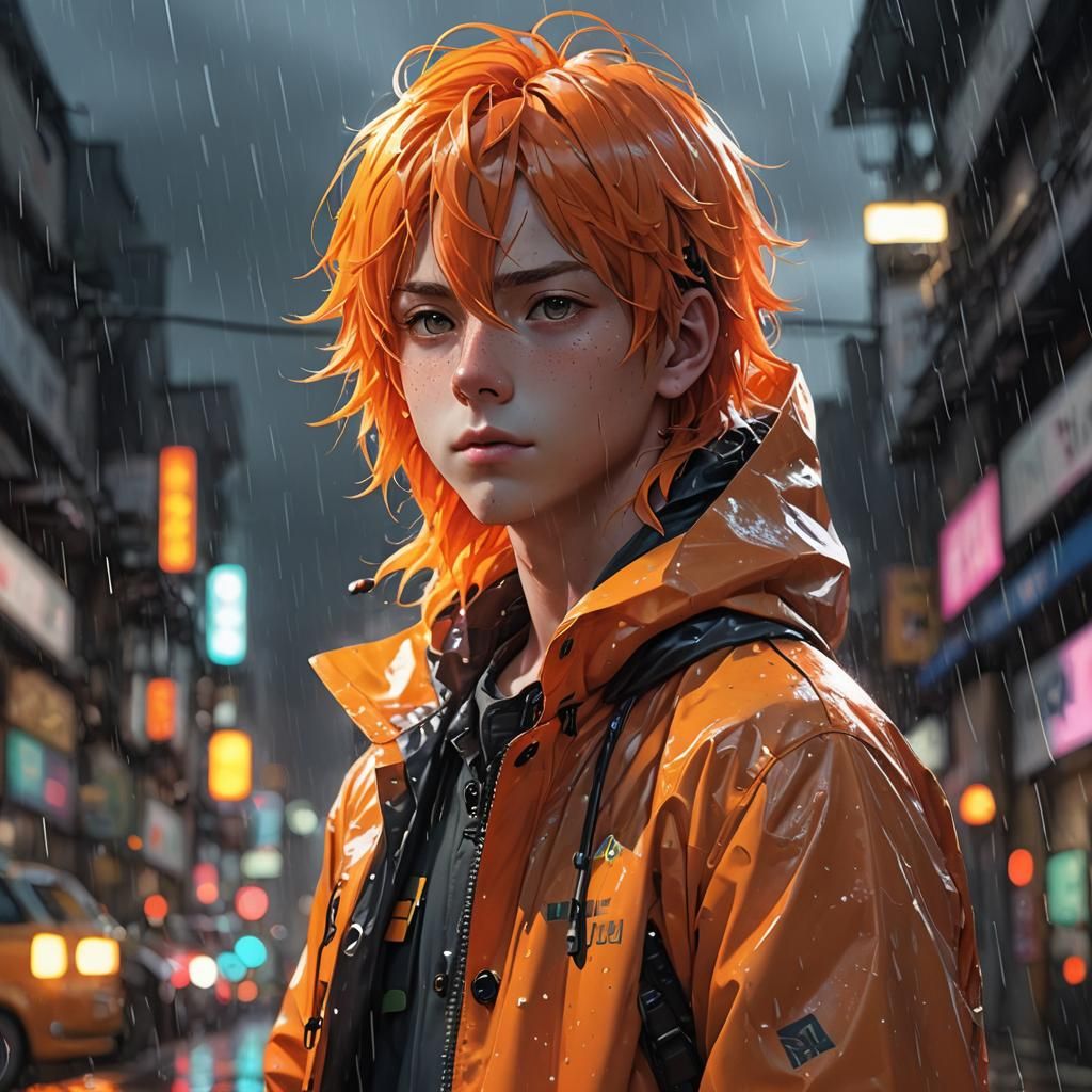 Anime Style Boy in Neon Raincoat