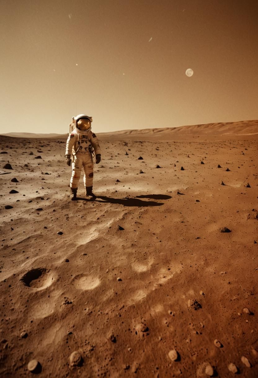 Astronaut on Lunar Surface in Sepia Tone Photograph