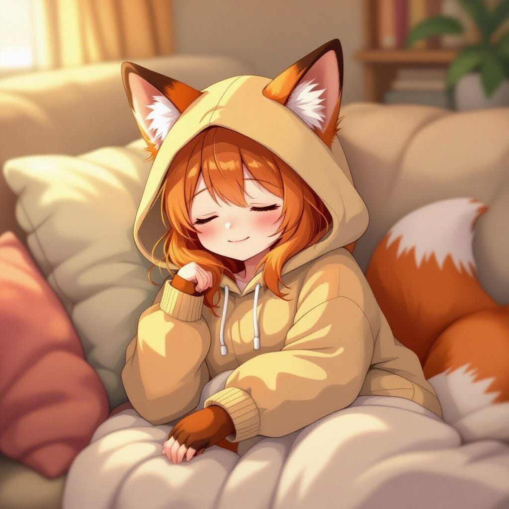 Fox Girl Sleeping Peacefully in Cozy Anime Style