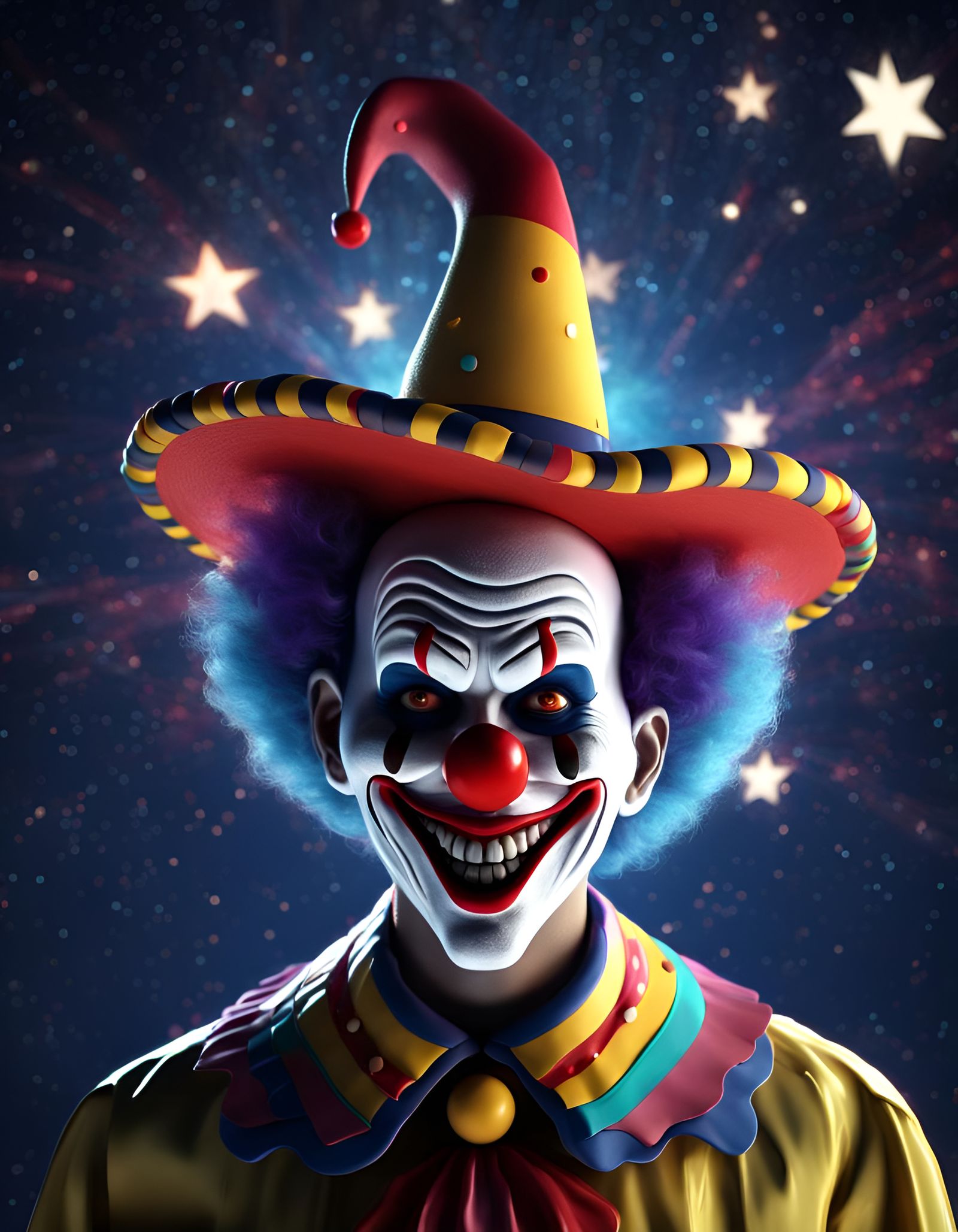Evil Clown with Sombrero Gliding Among the Stars