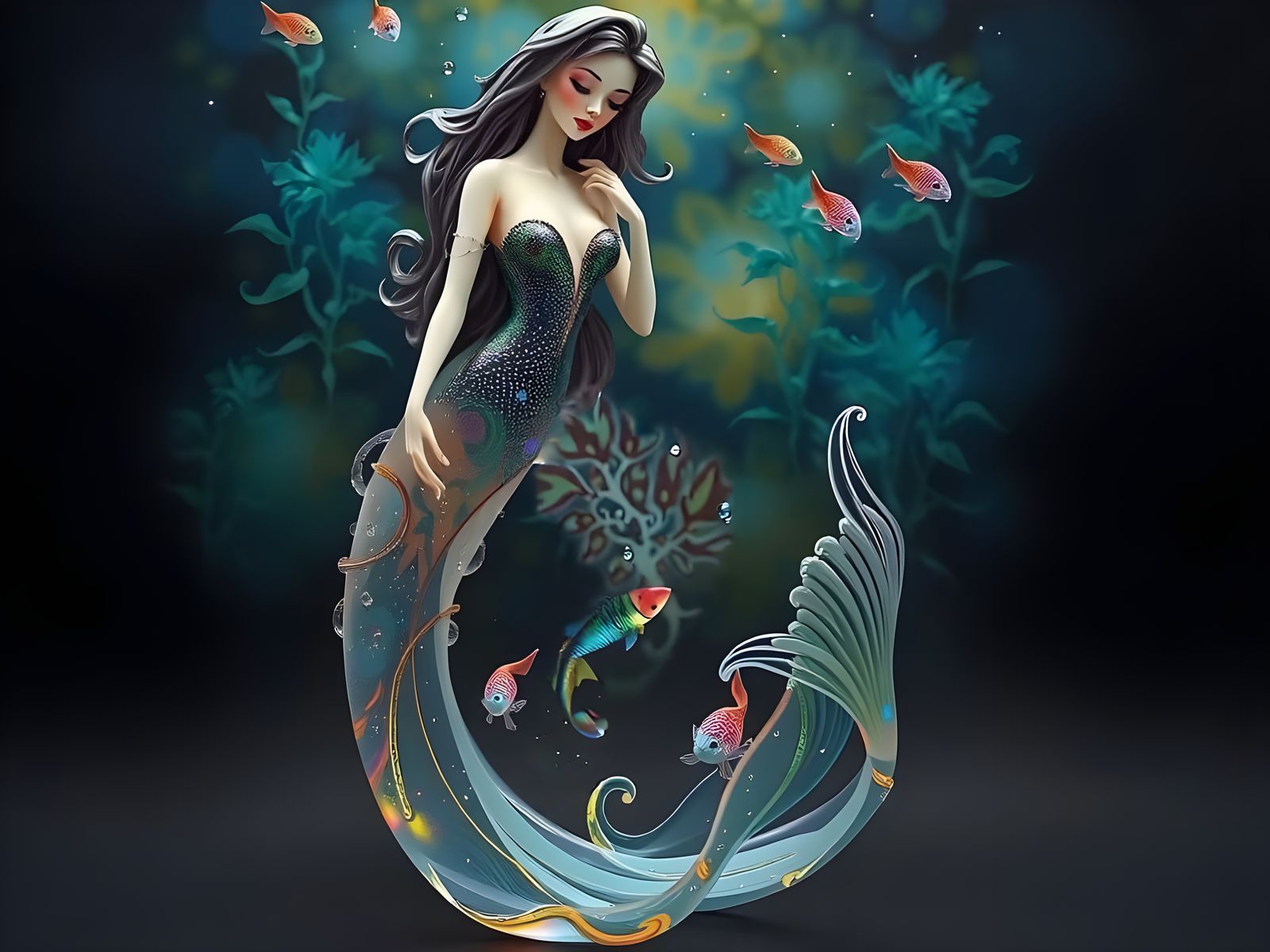 Glowing Glass Mermaid Dances in Oceanic Abyss