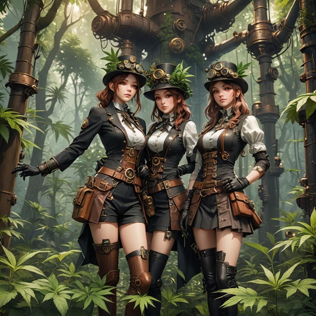 Steampunk Girls in Marijuana Forest: Anime Art