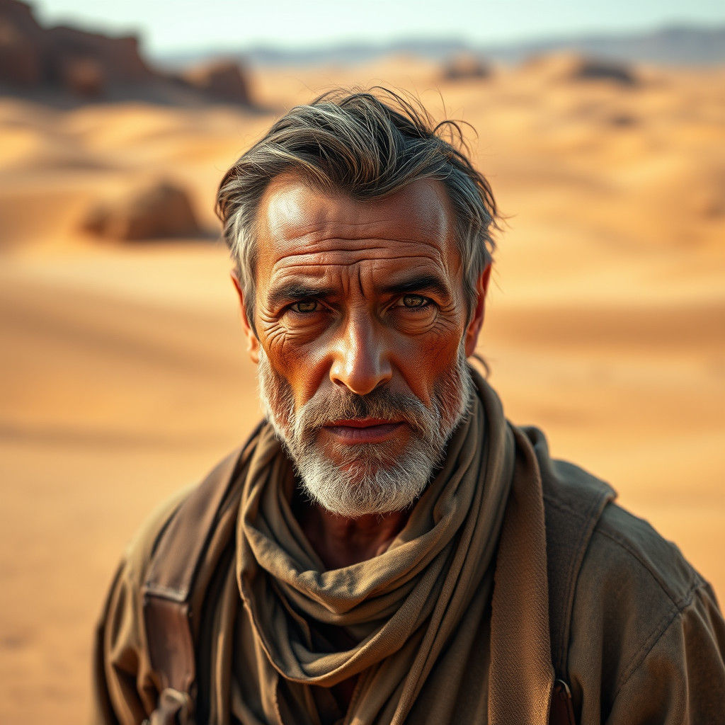 Weathered Man in Desert Landscape, Cinematic Photography