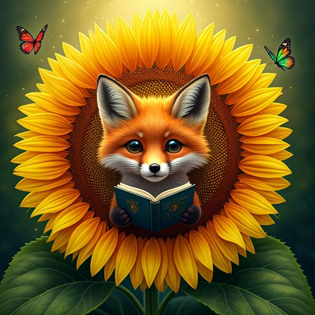 Baby Fox in Sunflower with Book