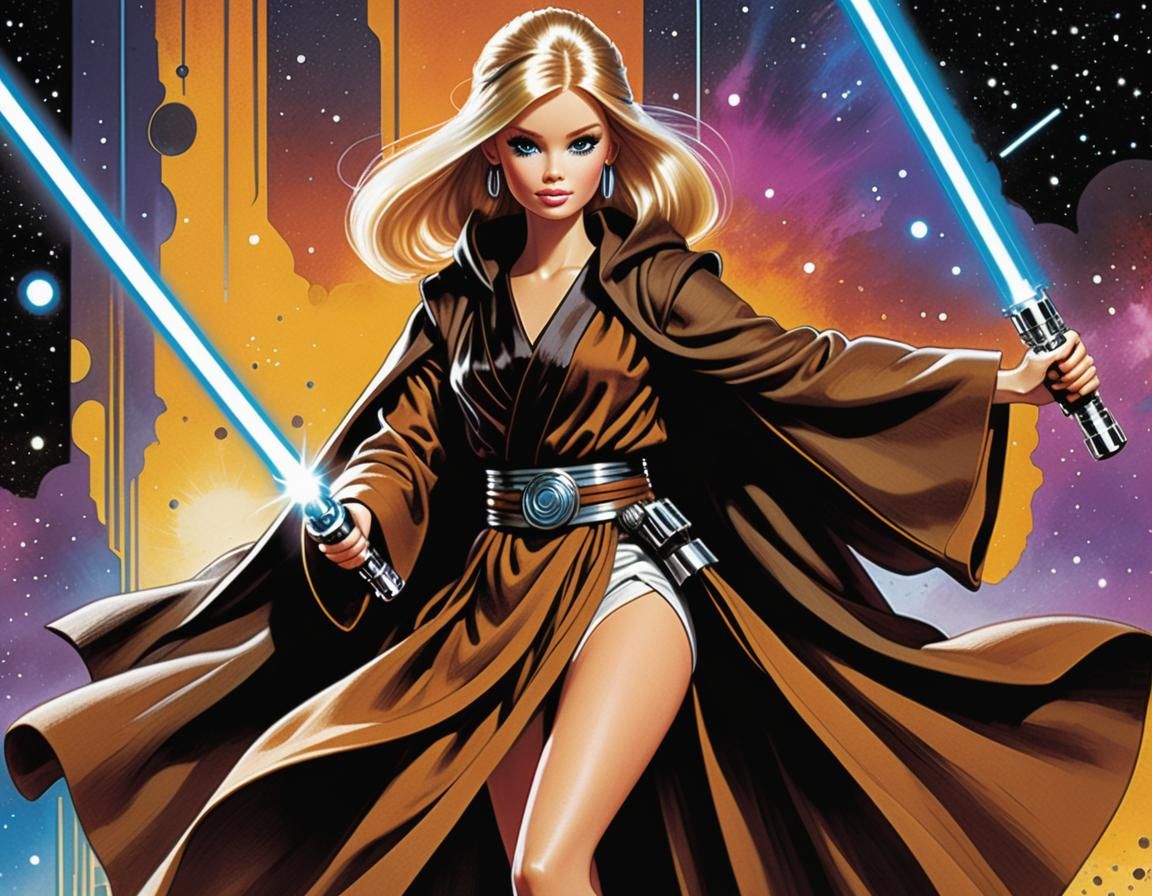 Jedi Barbie Doll in Hyperdetailed Comic Art Style