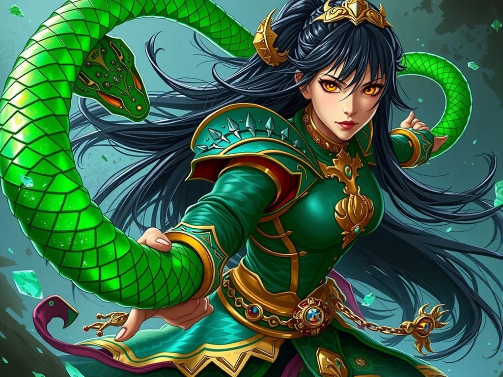 Asian Warrior Woman in Emerald Armor Wields Steam Punk Snake...