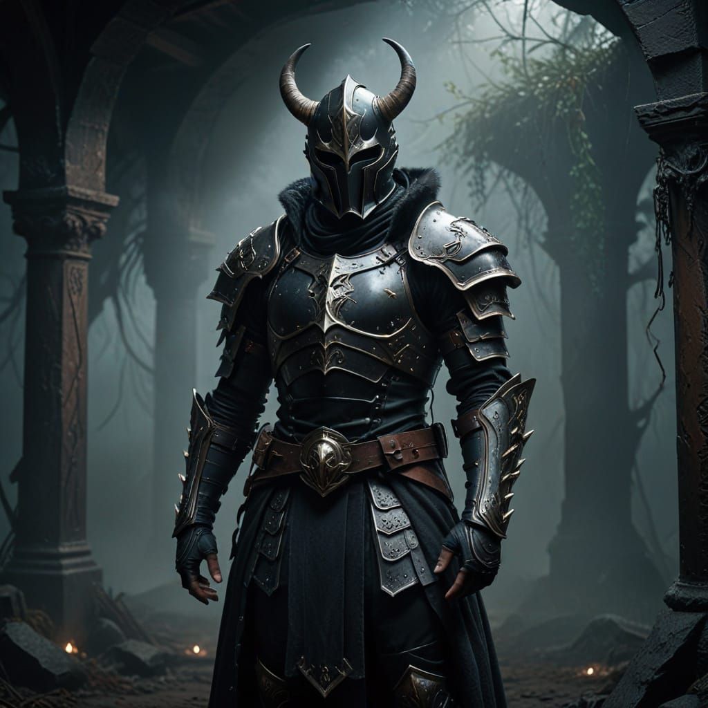 Mysterious Dark Fantasy Warrior in Weathered Armor