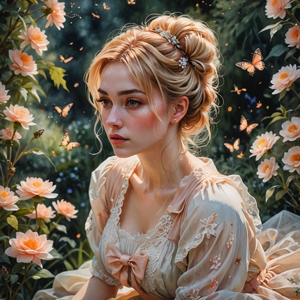 Woman in Garden with Peach Highlights, Watercolor Style