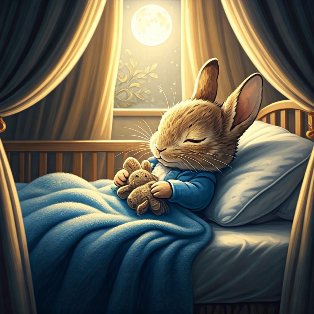 Peter Rabbit's Dreamy Slumber in Golden Moonlight