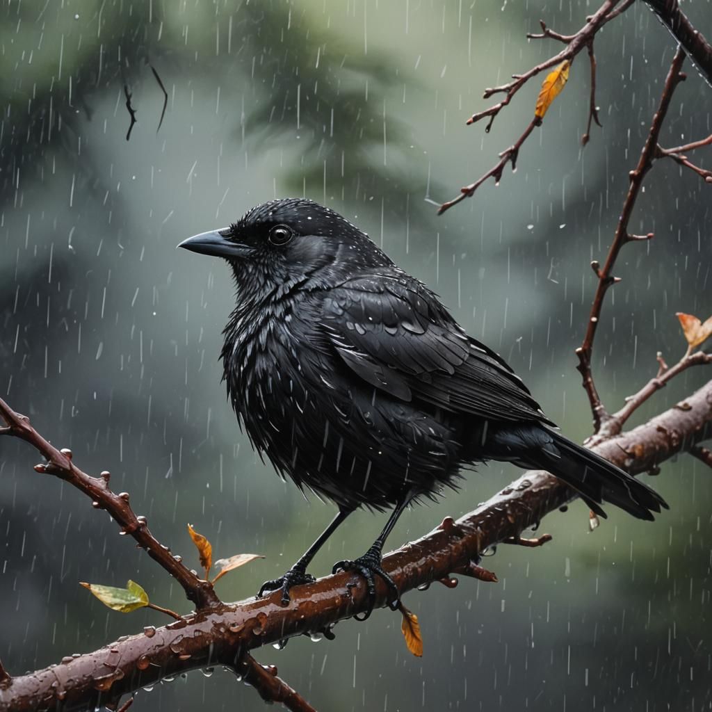 Hyperrealistic Black Bird on Branch in Rain