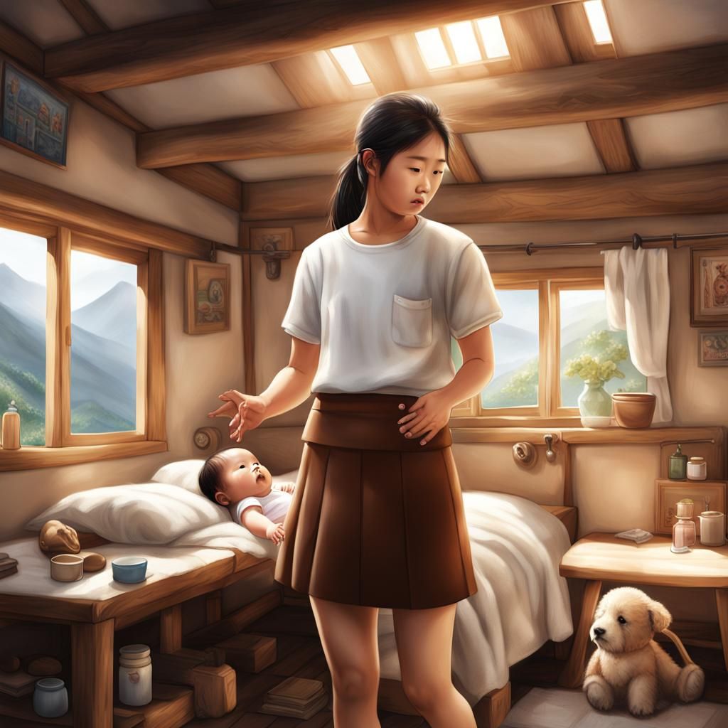 Photorealistic Korean Girl Caring for Sick Baby