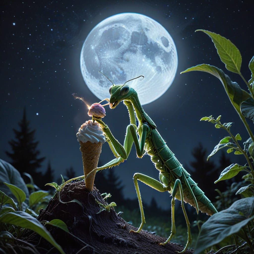 Dreamlike Mantis Enjoys Midnight Snack
