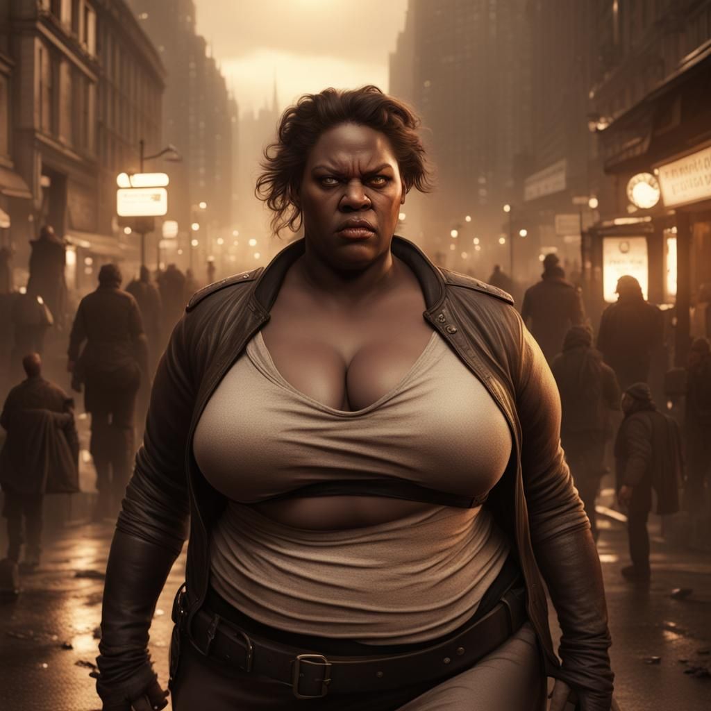 A photograph of an angry bbw woman in the city, by Alex Horley-Orlandelli, by Bastien Lecouffe-Deharme, dusk, sepia, 8k,...