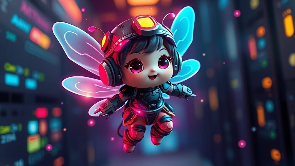 Cyberpunk Fairy Protects Data Server in 3D Toon Style