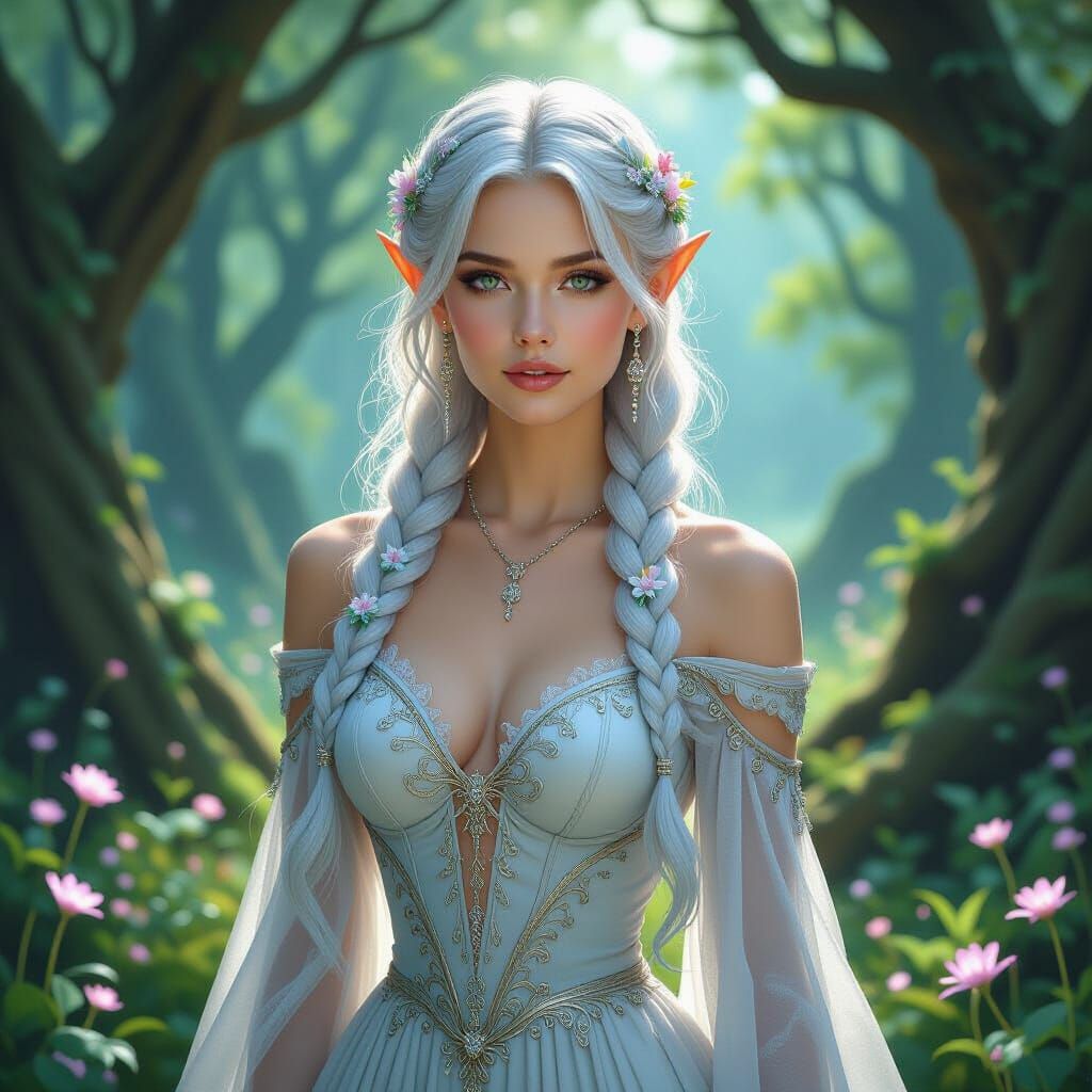 Enchanting Elven Woman in Mystical Forest, Art Nouveau Style