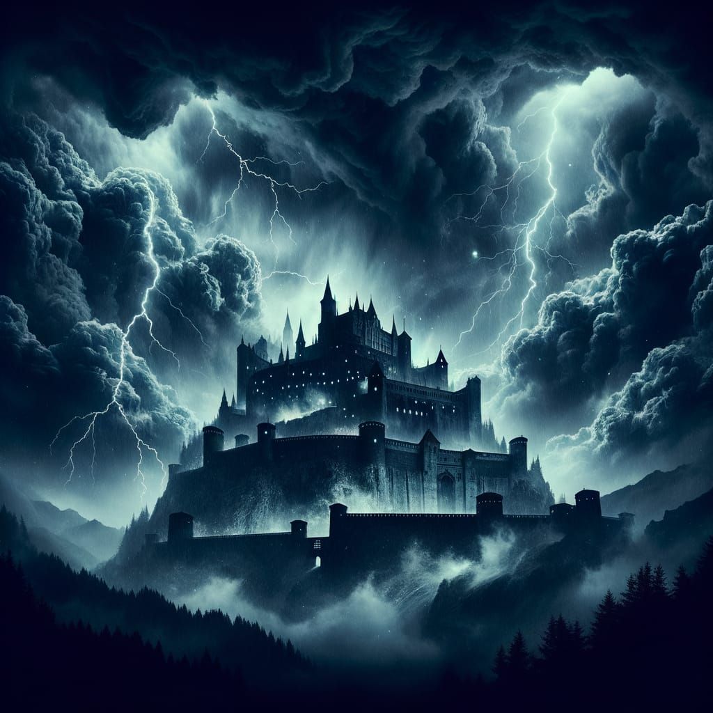 Ominous Fortress Under Lightning Storm Sky
