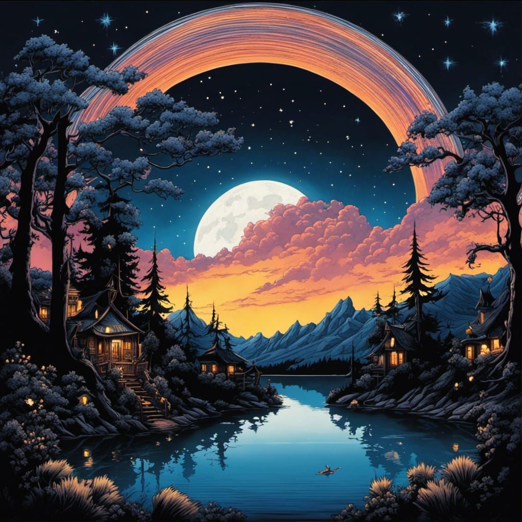 Gothic Lake Island Under Midnight Moon, Burton Style