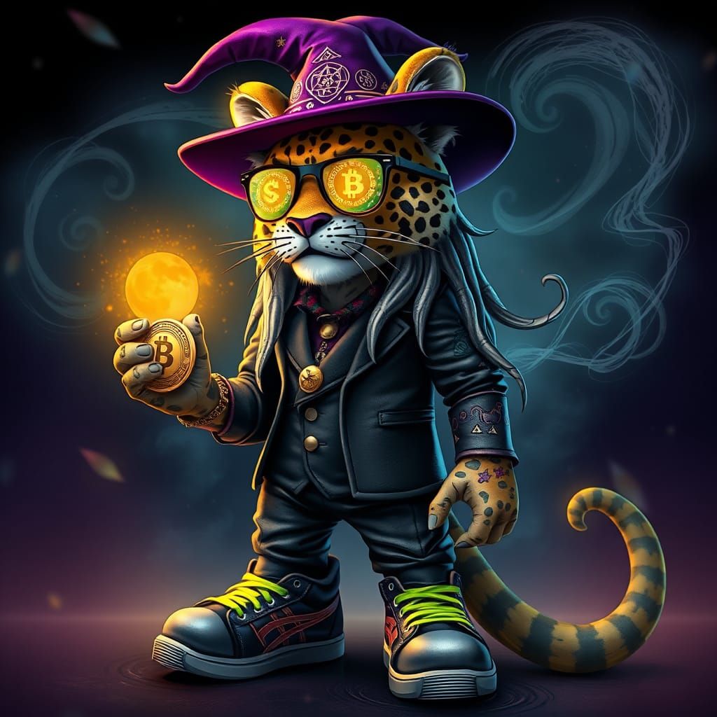 Anthropomorphic Leopard Witch with Bitcoin Jewelry