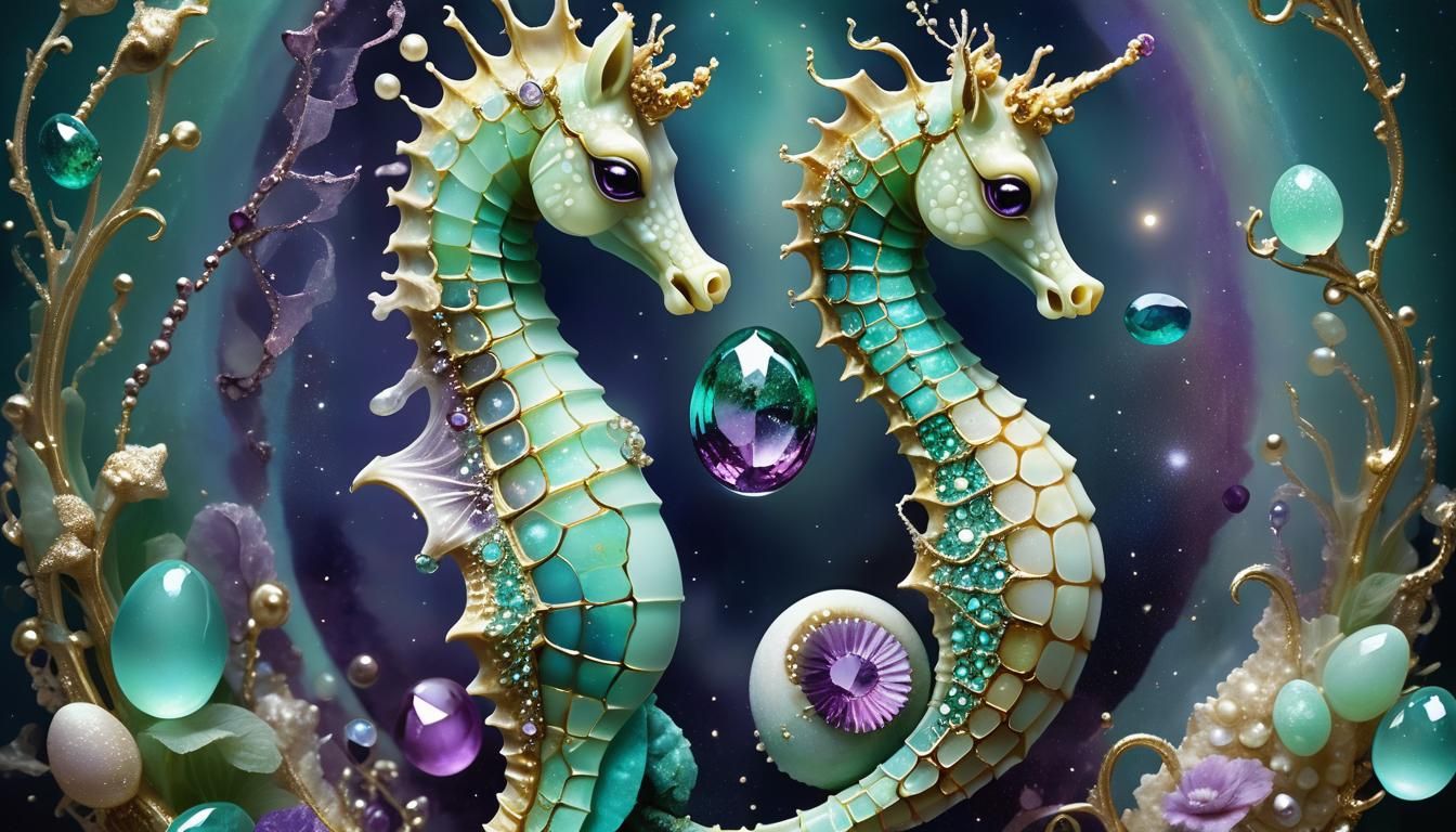 Galactic Seahorse Emerges from Egg: Surreal Illustration