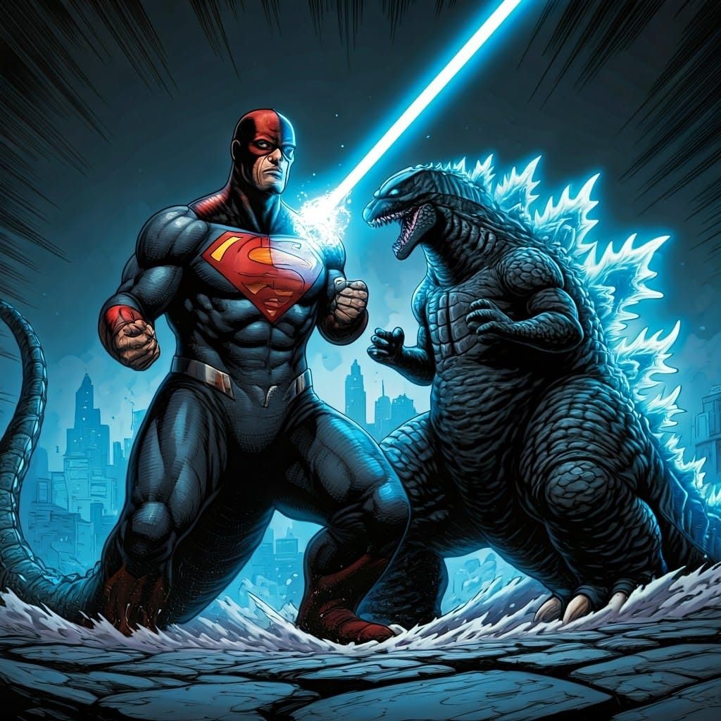 Godzilla Chased by Frightened Crowd and Heroic Avenger in Co...