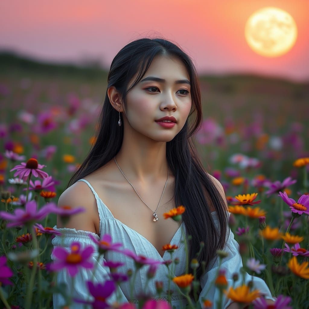 Serene Shi Zhu in a Field of Wildflowers under Full Moon Dus...