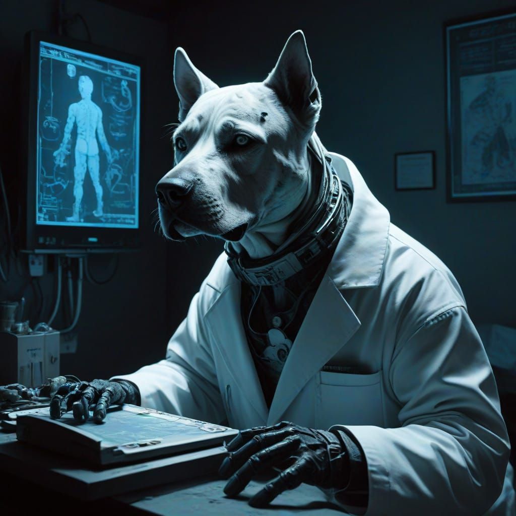 Cyberdog Surgeon in a Haunting Hospital Scene