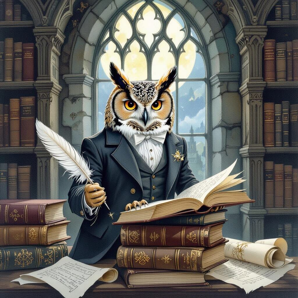 Whimsical Owl Gentleman in Library, Watercolor Style