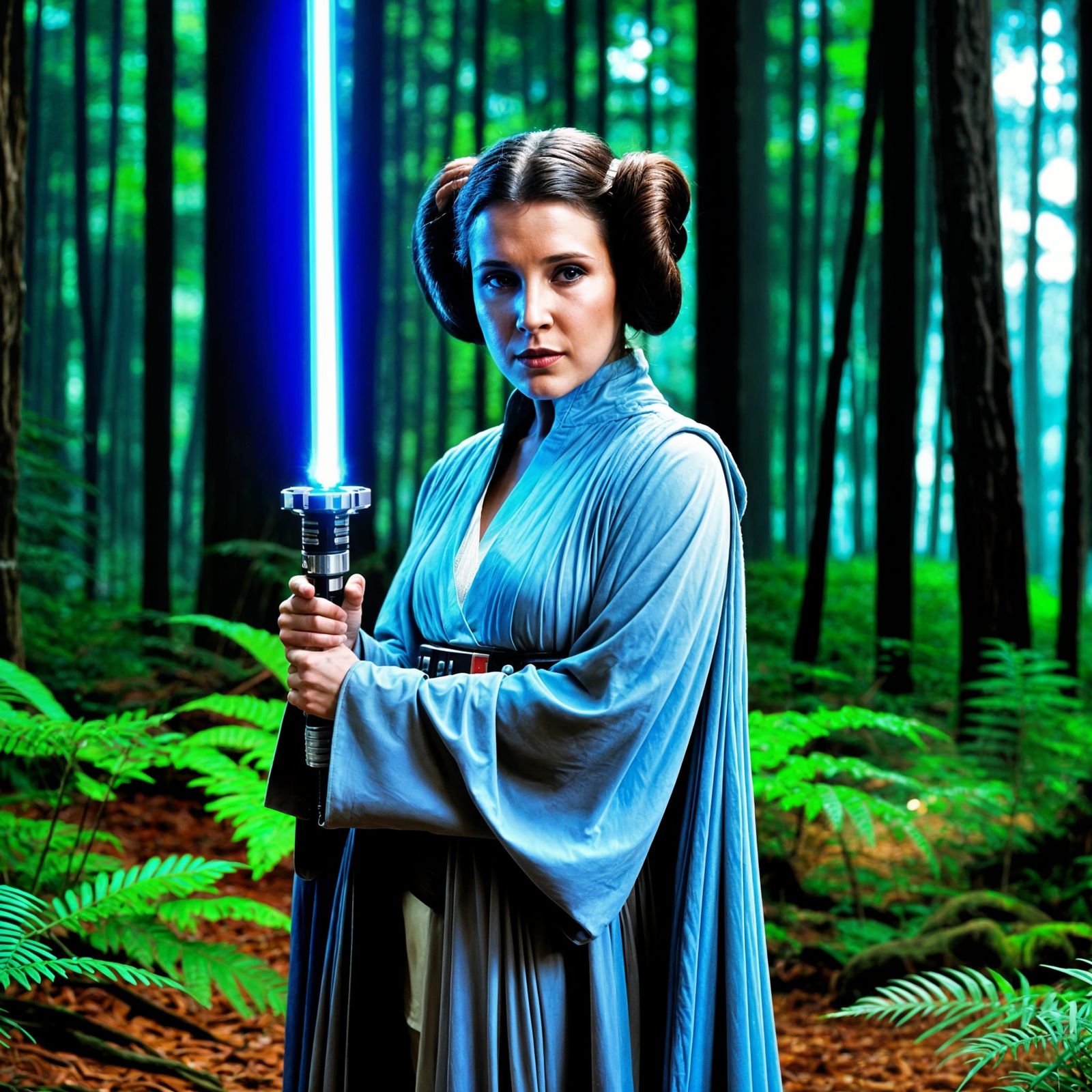 Princess Leia as Jedi in Forest with Lightsaber