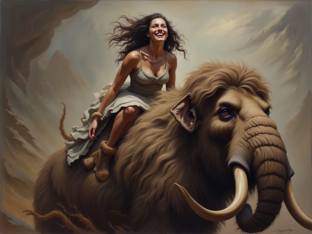 laughing woman on a wooly mammoth