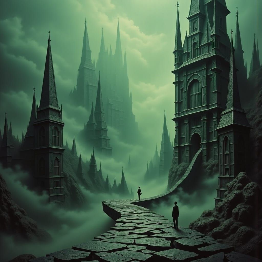 Surreal Gothic Metropolis in a Haunting, Sickly Green Glow