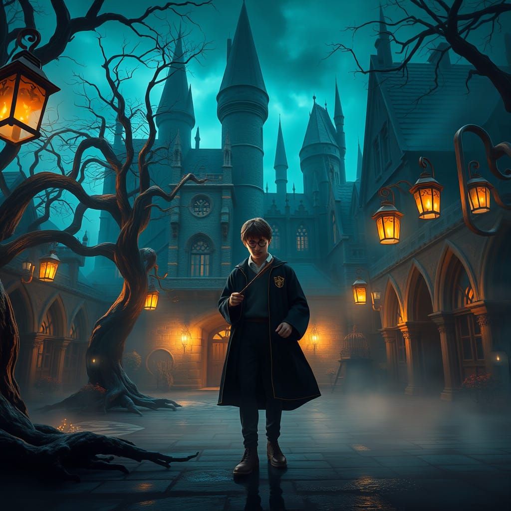 Wizard in Enchanted Castle Courtyard at Dusk