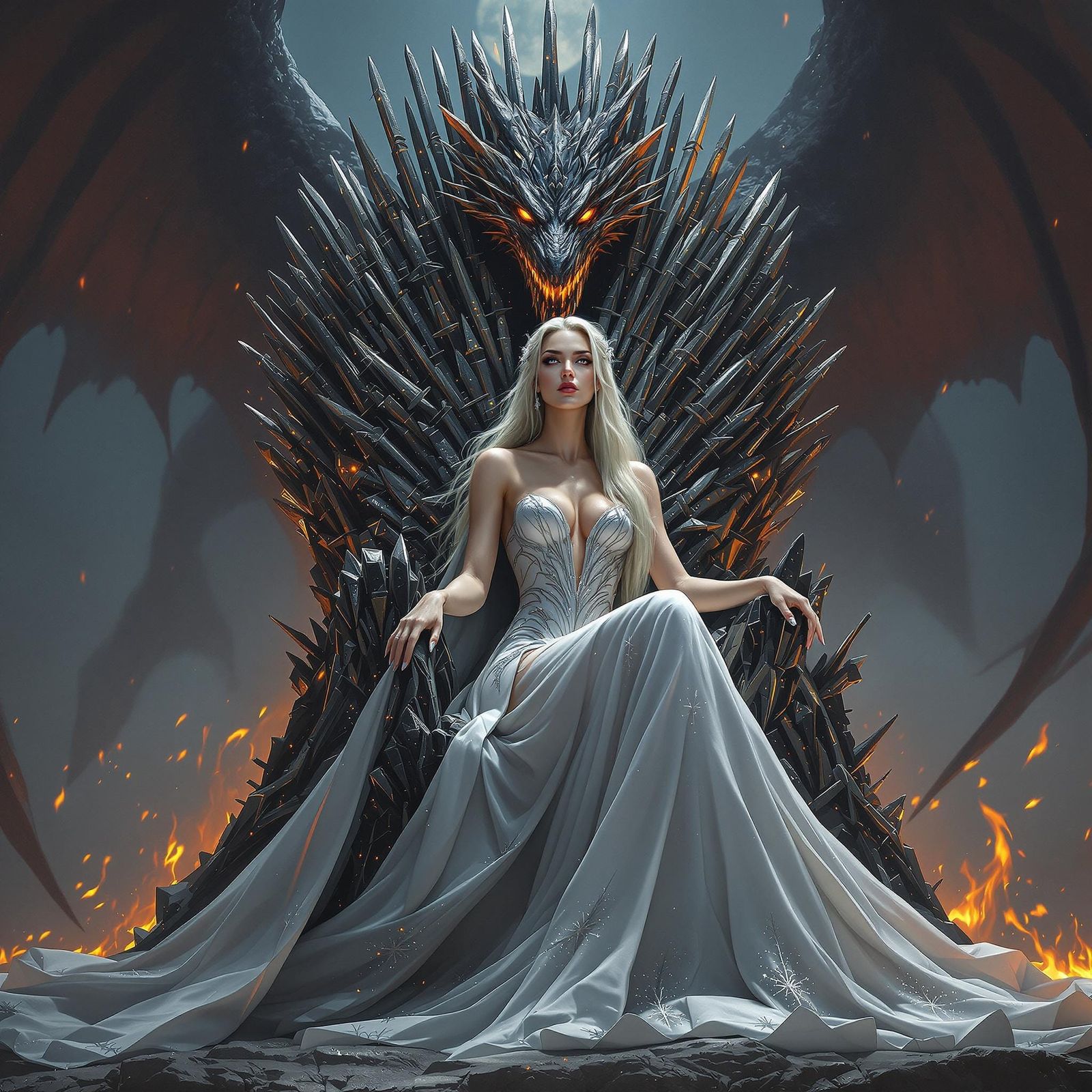 Royal Queen Reigns from Majestic Iron Throne in Fantasy Styl...