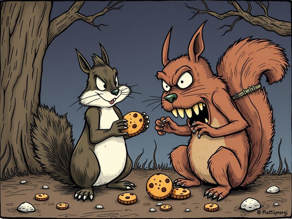 Mischievous Squirrel Steals Cookies: A Gorey-esque Scene