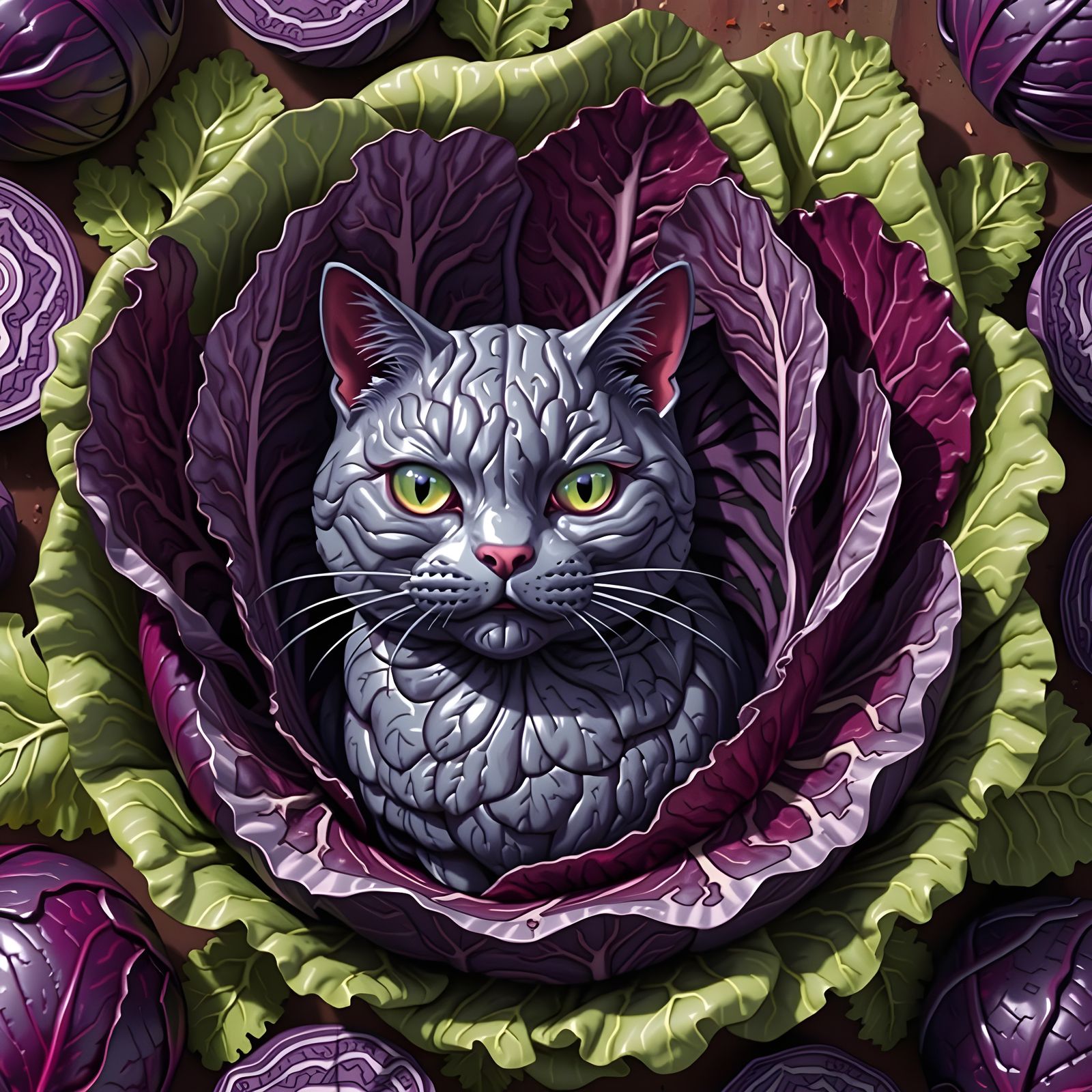 Whimsical Cat Carving on Red Cabbage