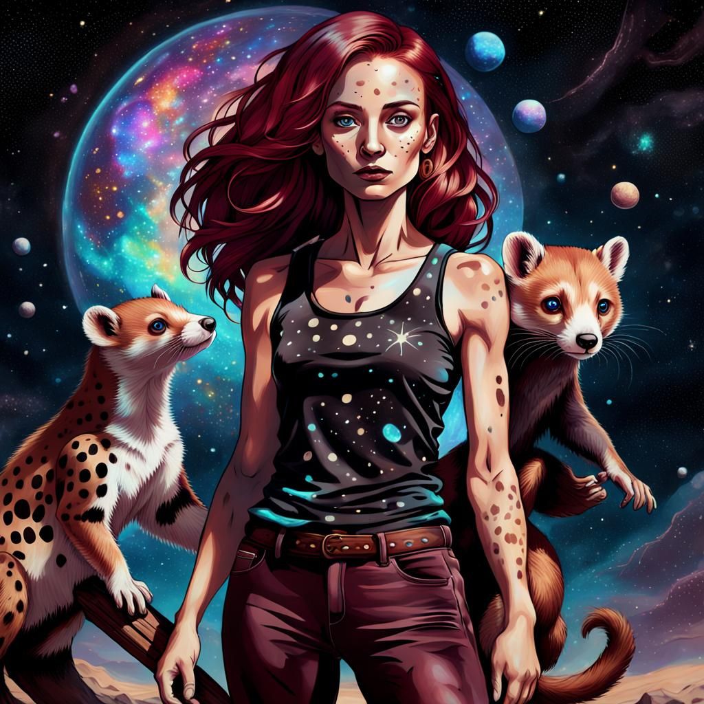 Cosmic Warrior with Burgundy Hair and Black Spots