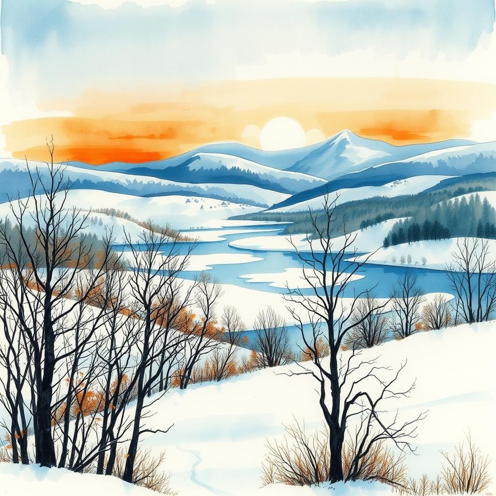 Winter Landscape Ink and Watercolor Drawing