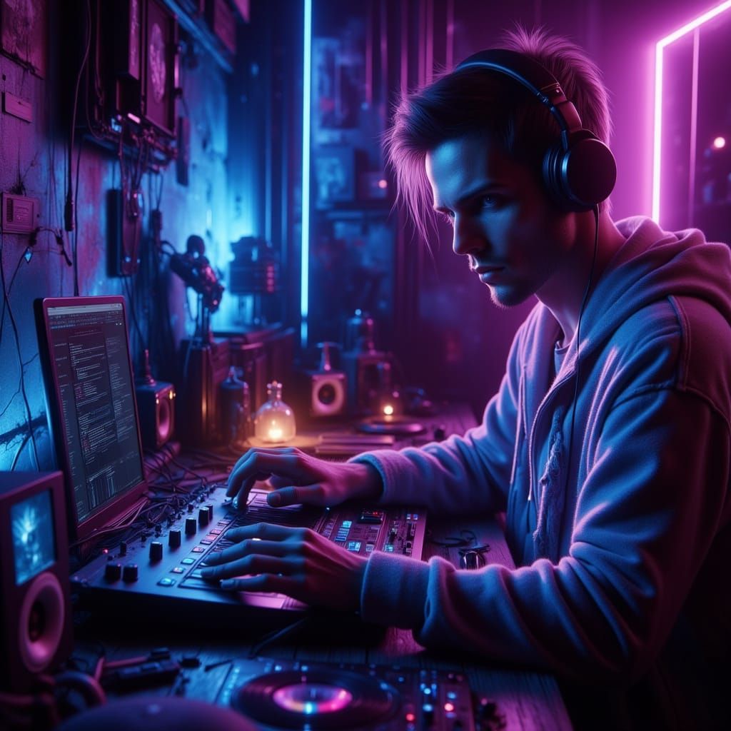 Neon Music Producer in Dreamy Futuristic Studio