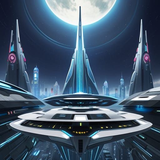 DS8. Futuristic, sleek, polished, starship city, planets, ultra-detailed, imaginative , silver, filigree