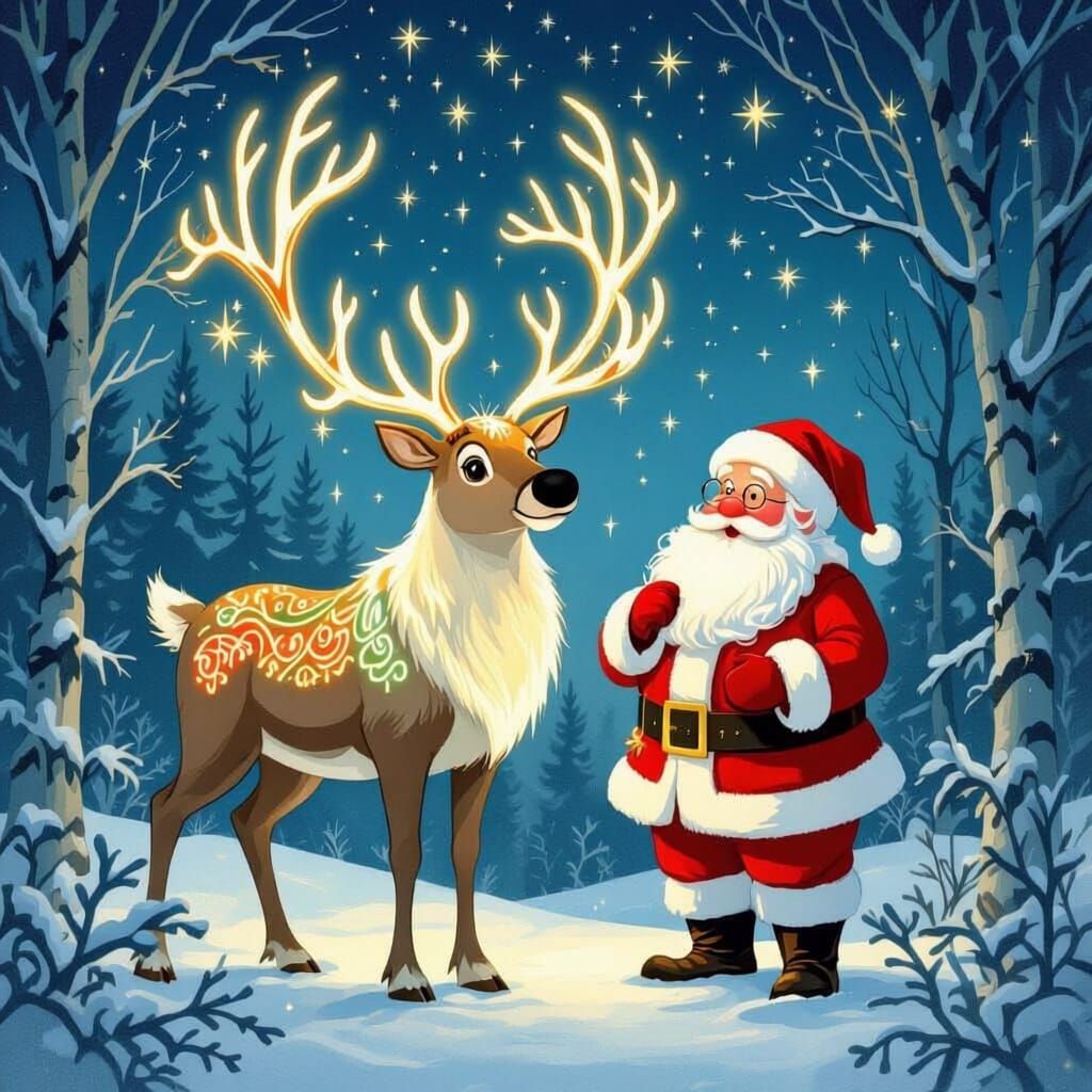 Whimsical Santa and Reindeer in Enchanted Woods
